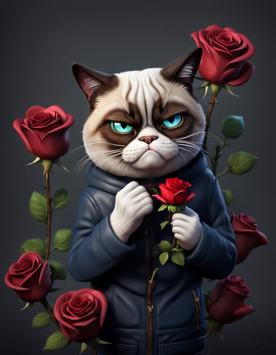 Happy Grumpy Cat with Rose for Valentine's