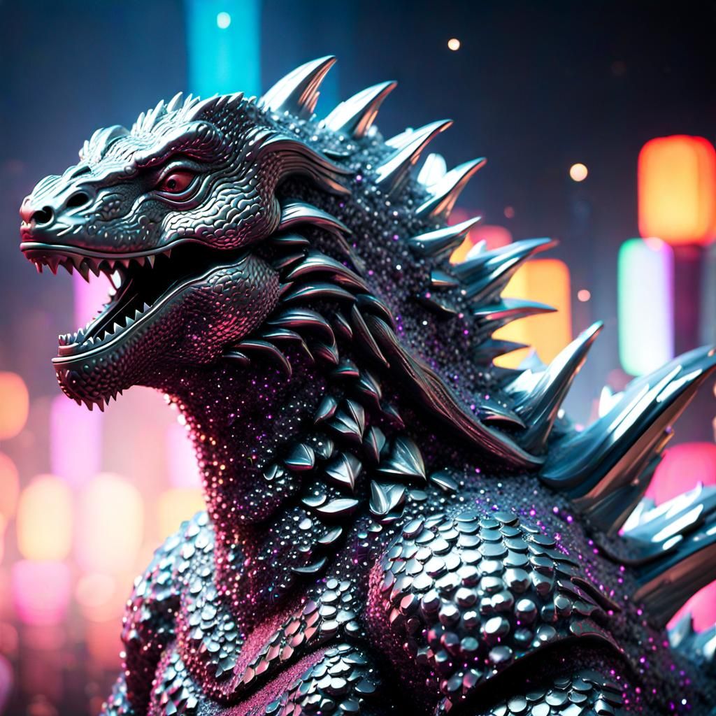 3D Silver Godzilla-Shield with Neon Light Effects