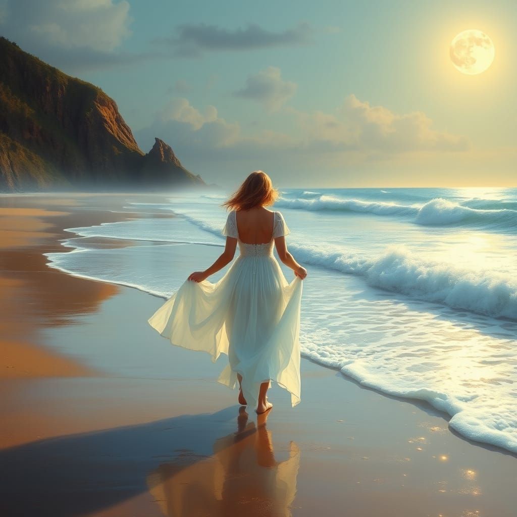 Moonlit Beach Walk in Impressionistic Style