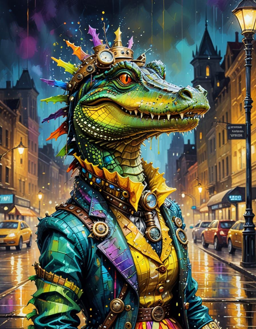 Steampunk Crocodile in Rainbow Dress, Vivid Colors