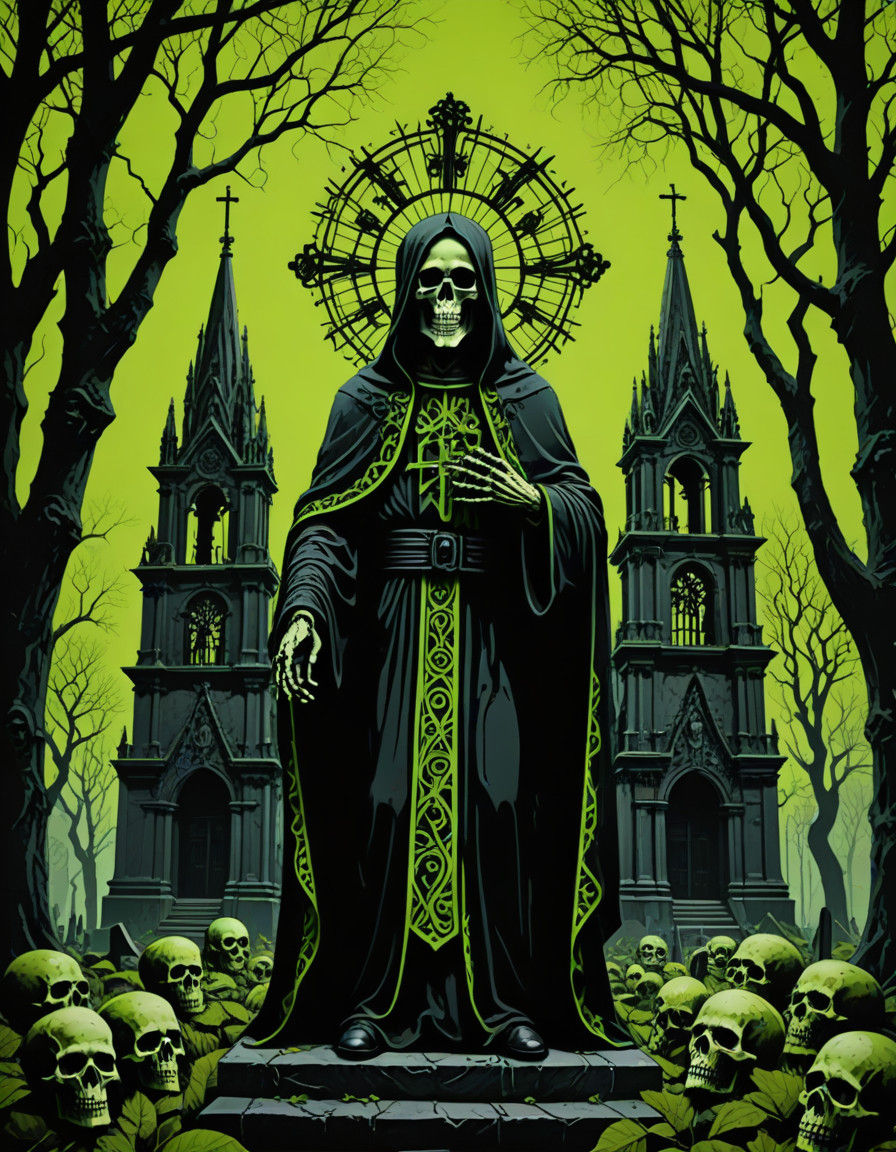 Gothic Mexican Santa Muerte Art in Lime-Green and Black