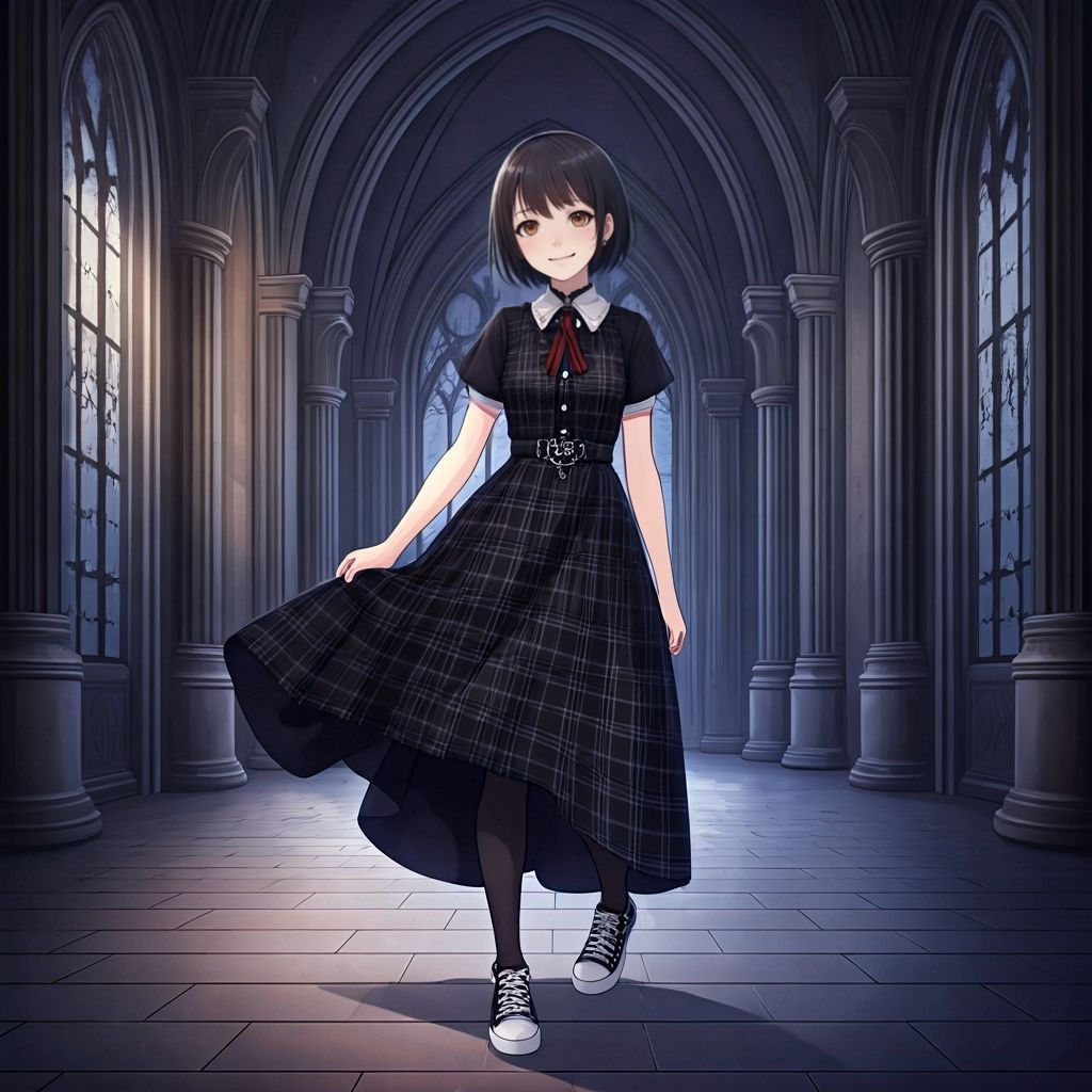 Gothic Woman Poses in Castle, Sinister Watercolor Style