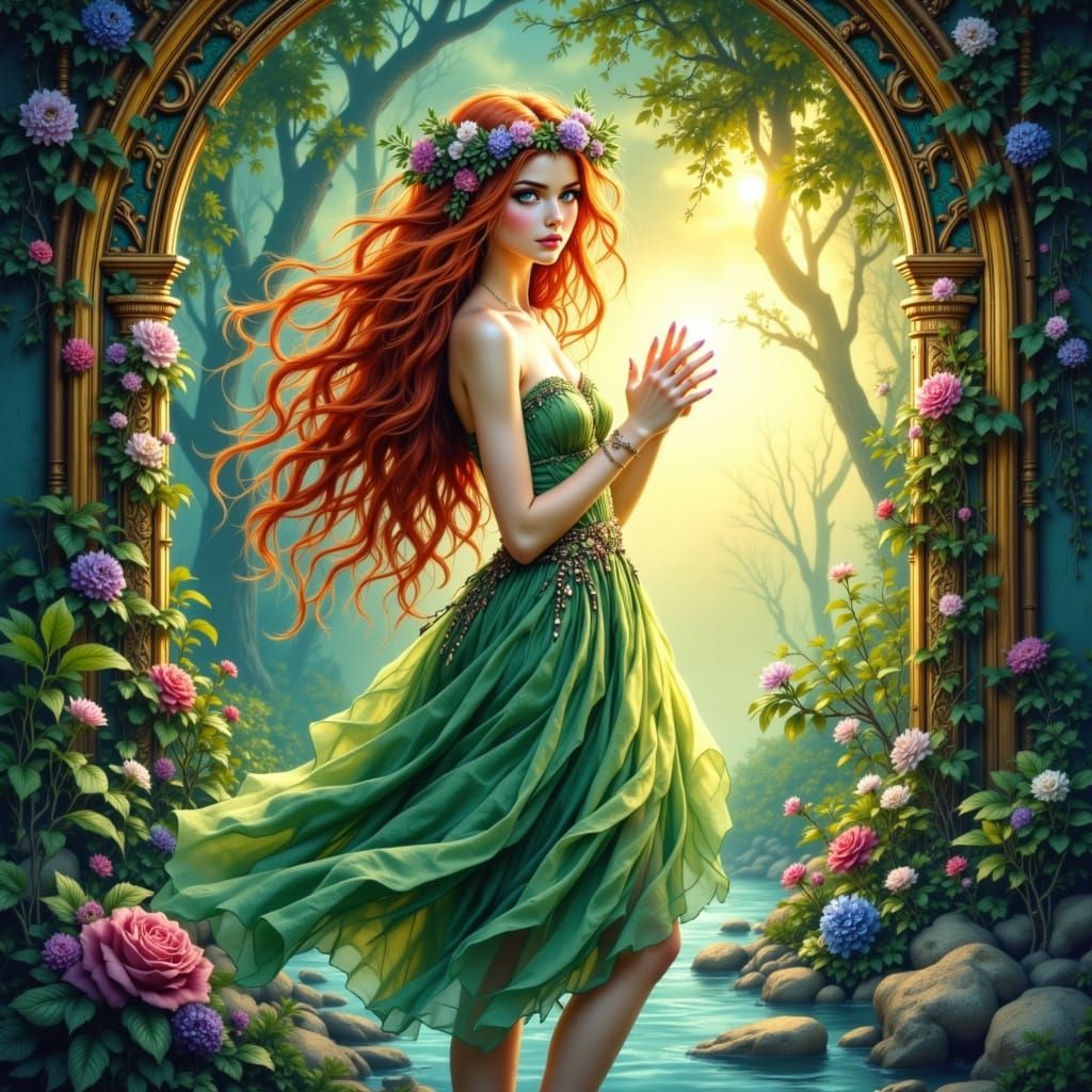 Anime Druidess Steps Through Portal in Fantasy Art