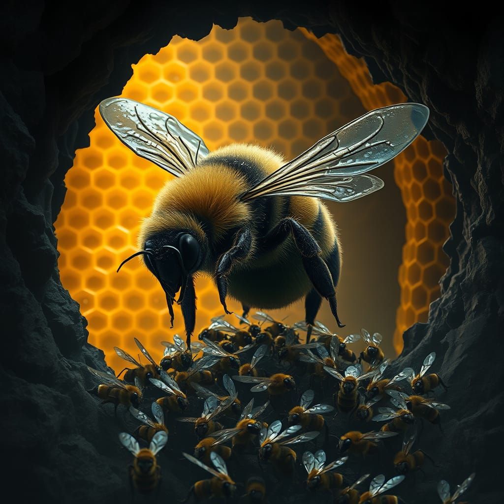 Colossal Bumblebee Emerges from Hive in Dark, Ominous Scene