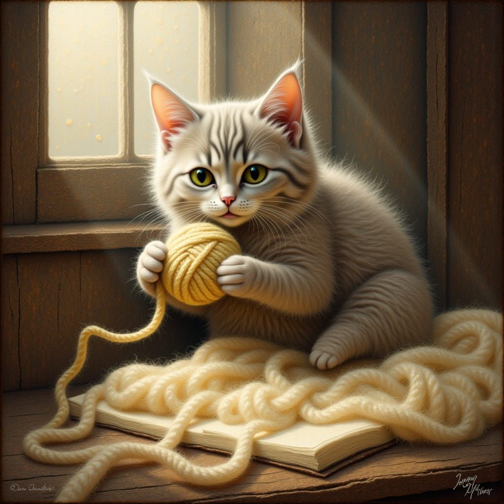 Fluffy Kitten Plays with Yarn in Impressionist Style