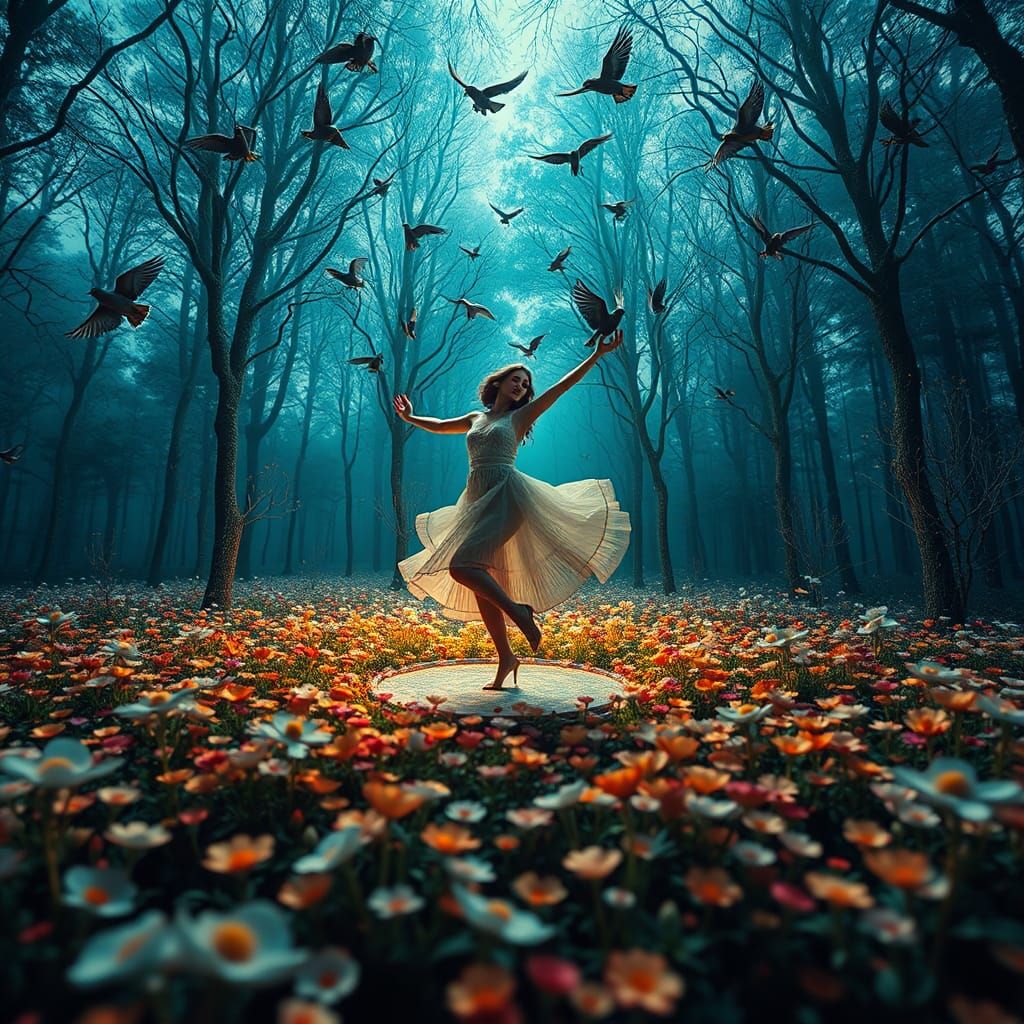 Woman Dancing with Birds in Mycelium Network