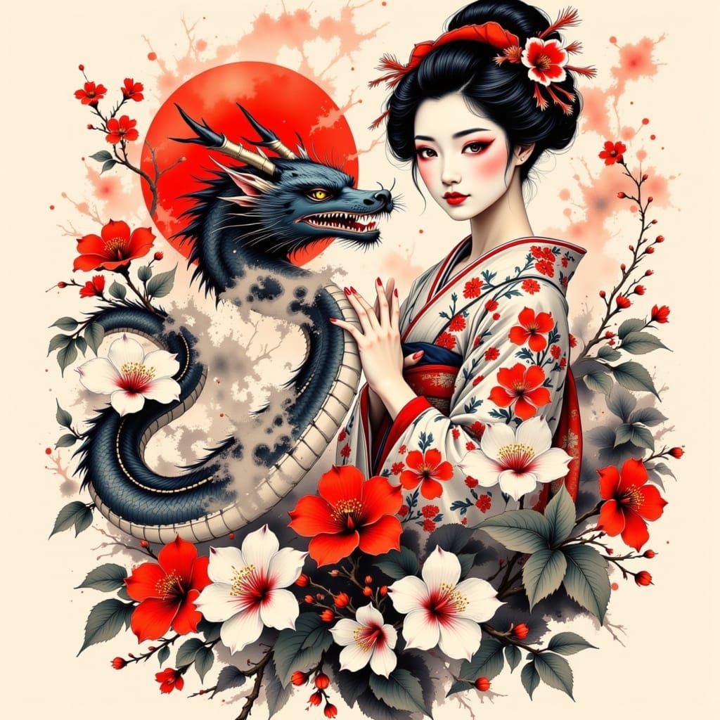 Japanese Samurai Geisha Dragon Digital Art T-Shirt Design