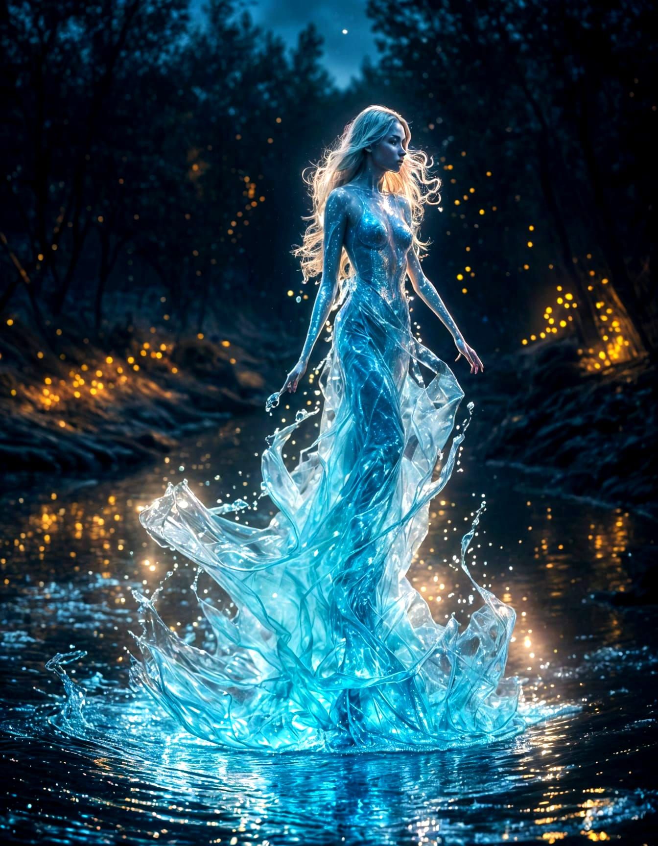 Iridescent Woman Gliding Across Lake in Hyperreal Style