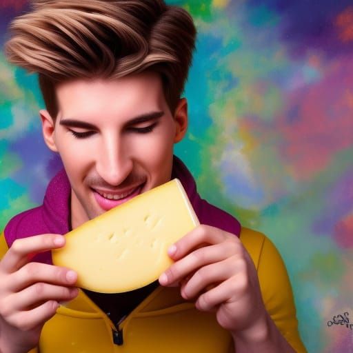Hyperrealistic Person Eating Cheese in Splash Art Style