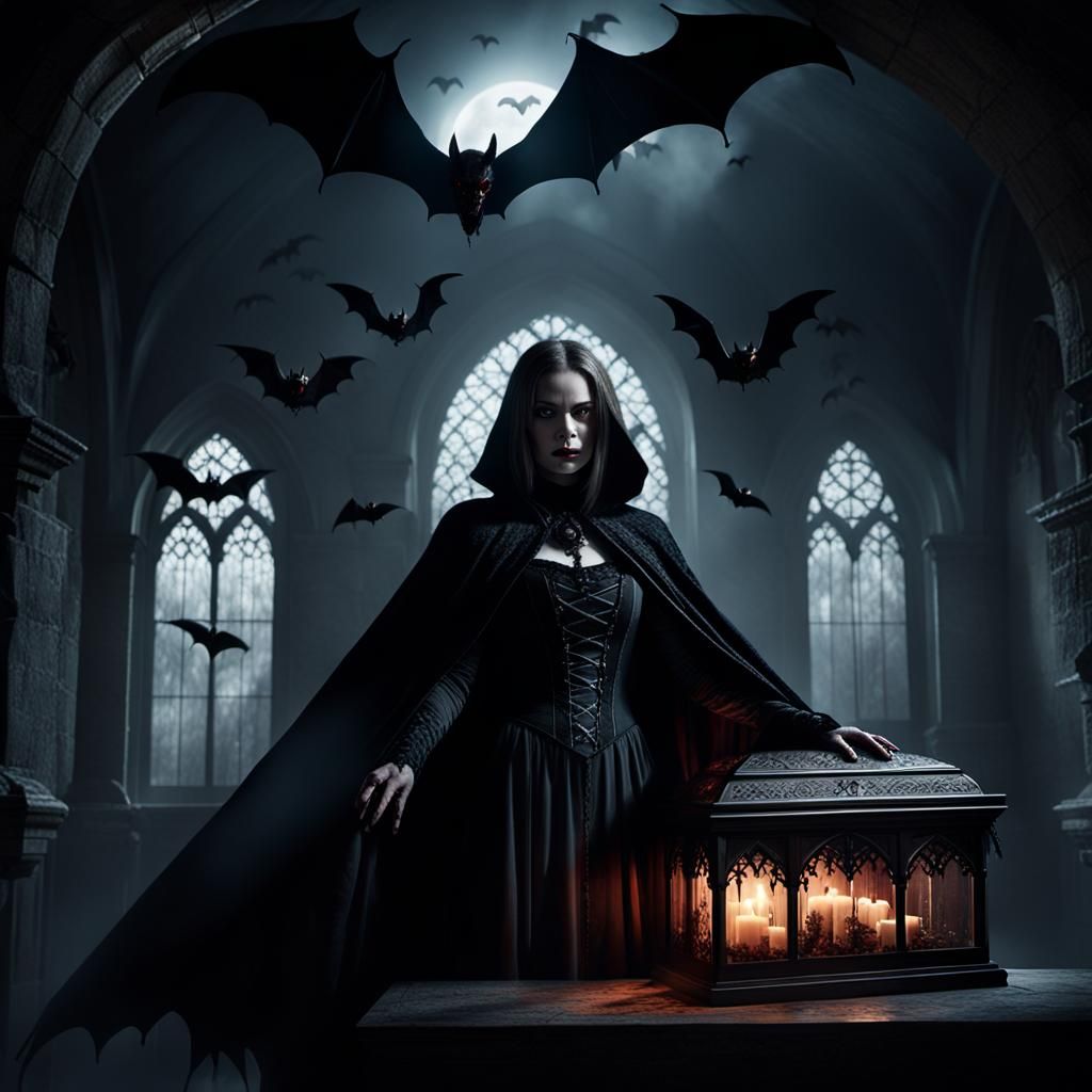 Gothic Vampire in Castle Storeroom with Bats