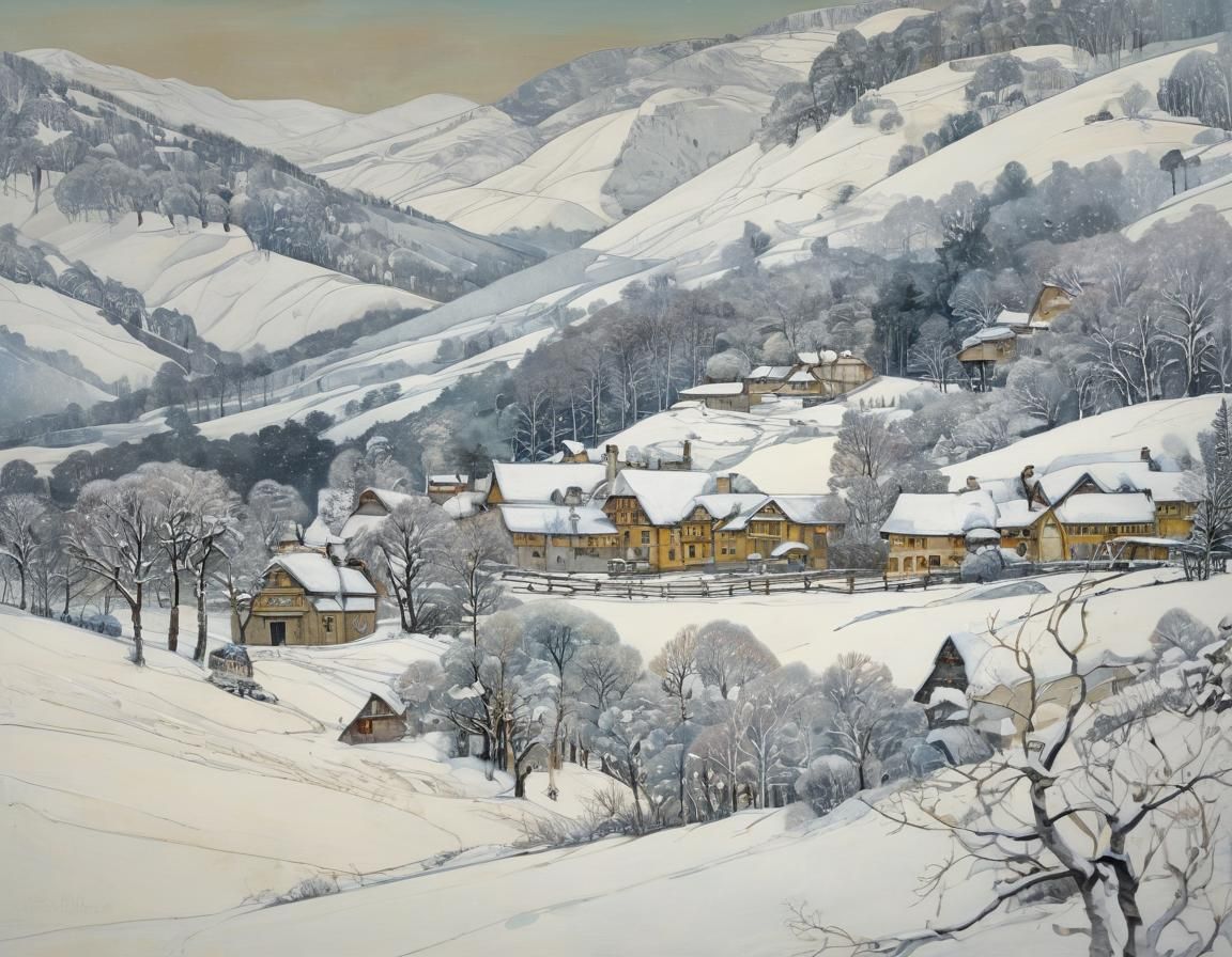 Winter Alpine Landscape in Art Nouveau Style