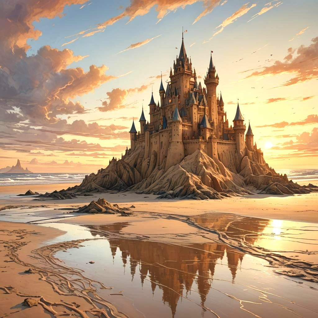 Sunset Sandcastle in a Fantasy Art Style