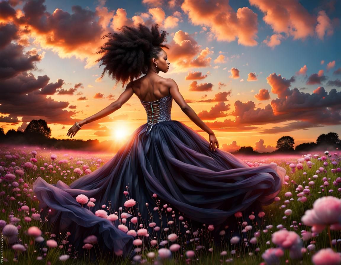 Woman Dancing in Flower Meadow at Sunset