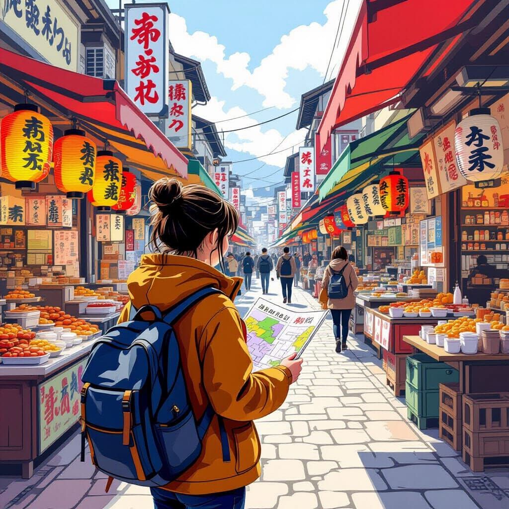 Traveler in Vibrant Japanese Marketplace, Inspired by Gurney...