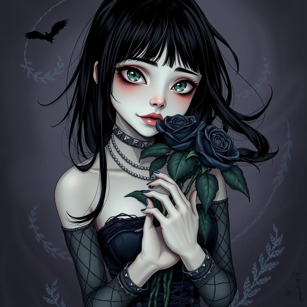Gothic Emo Girl Embracing Heartache in Dark Whimsy