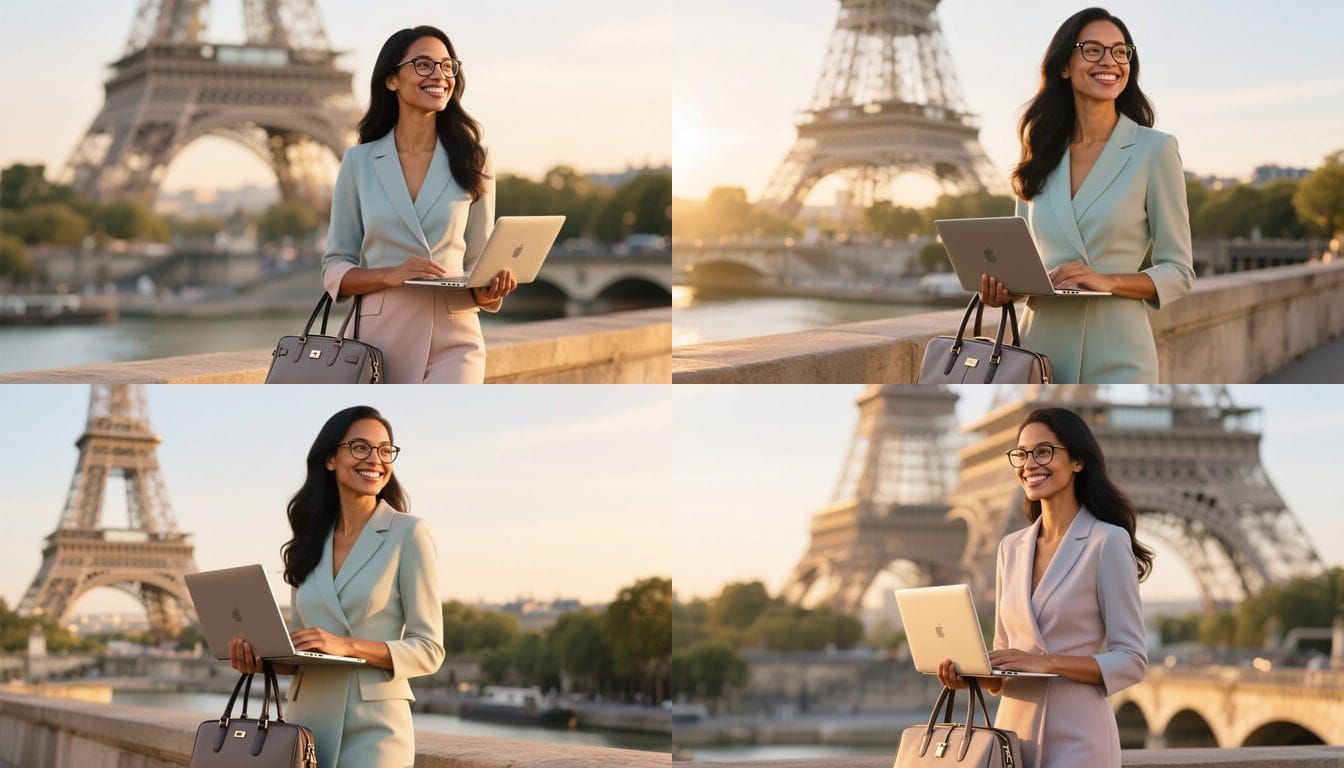 Elegant Businesswoman in Paris with Eiffel Tower View