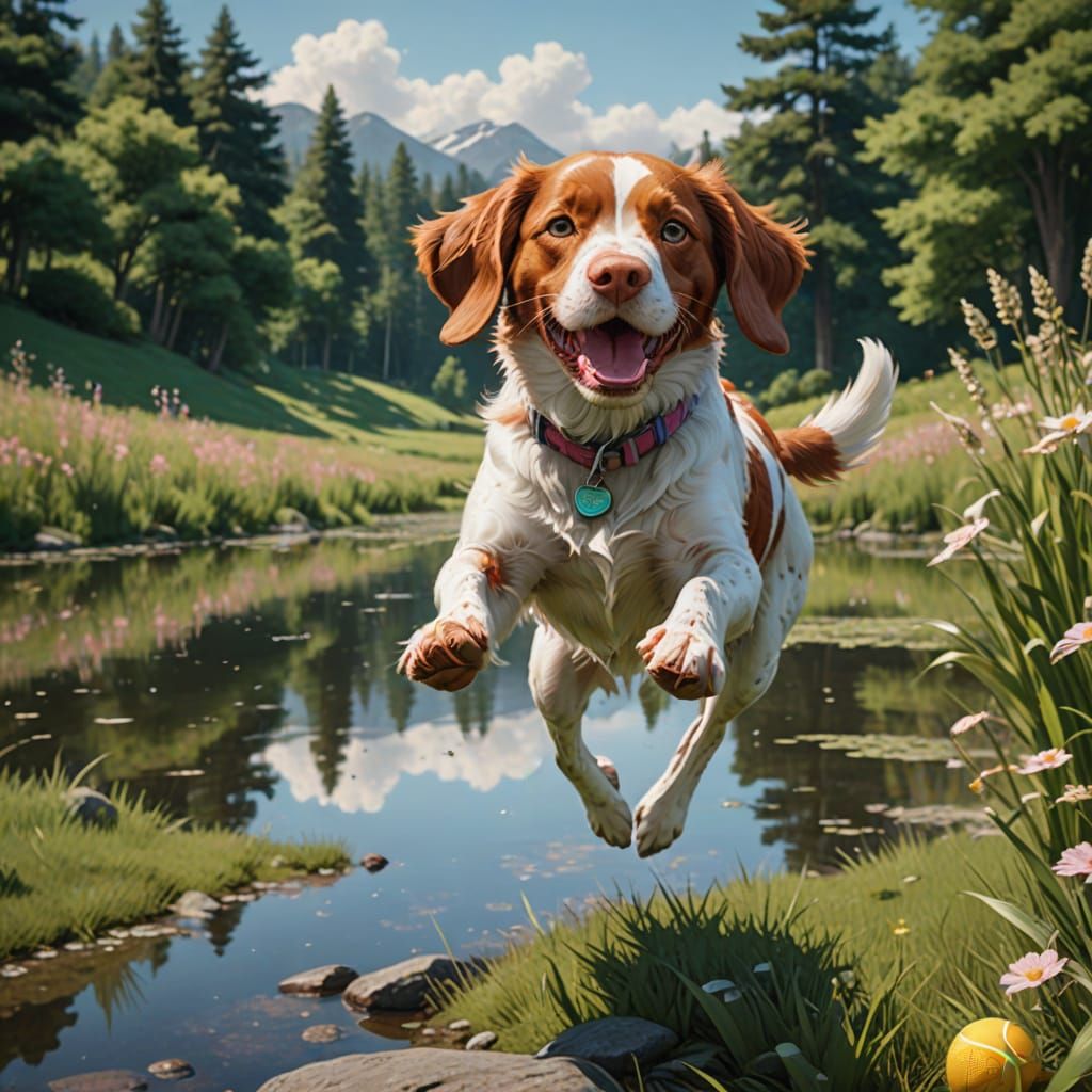 Joyful Brittany Spaniel in Flight over a Serene Meadow