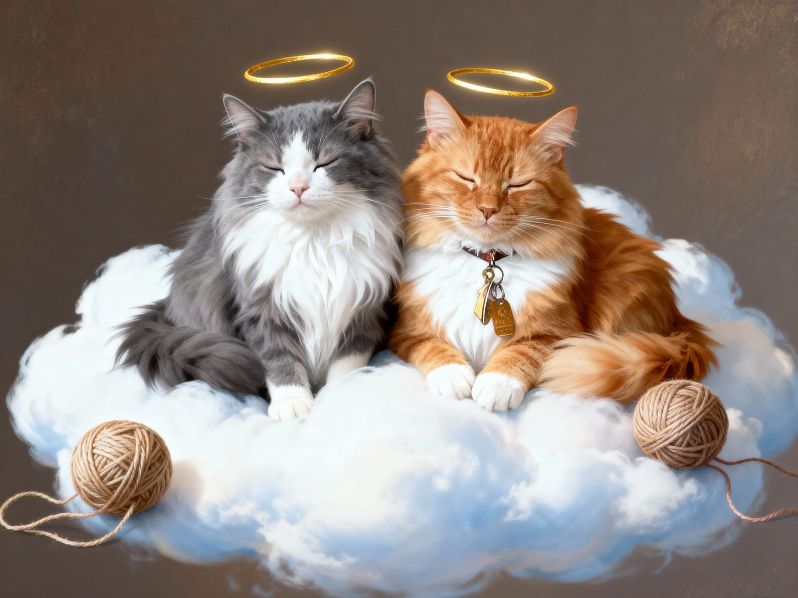 Cats on Cloud with Golden Haloes and Yarn
