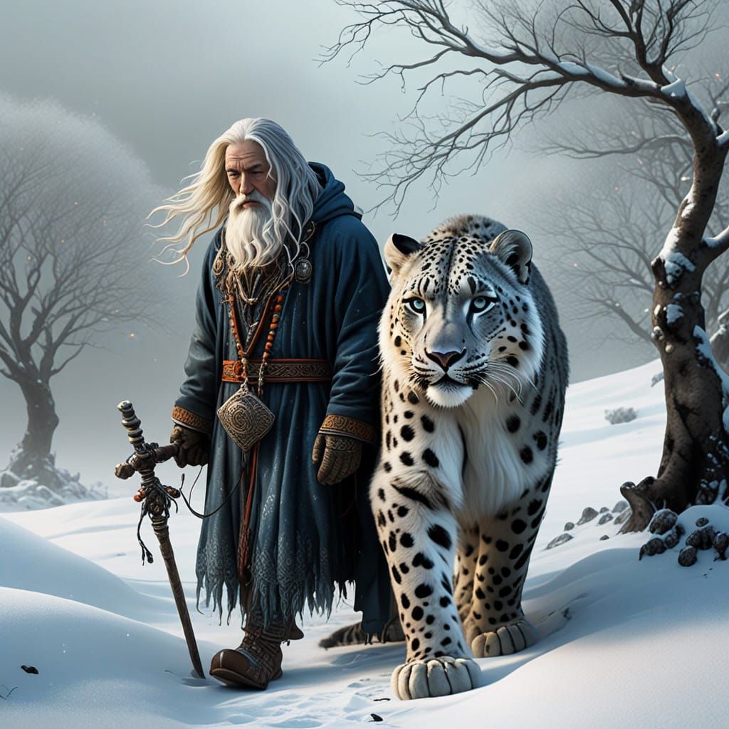 Silver-Haired Druid and Snow Leopard Walk in Winter Wonderla...