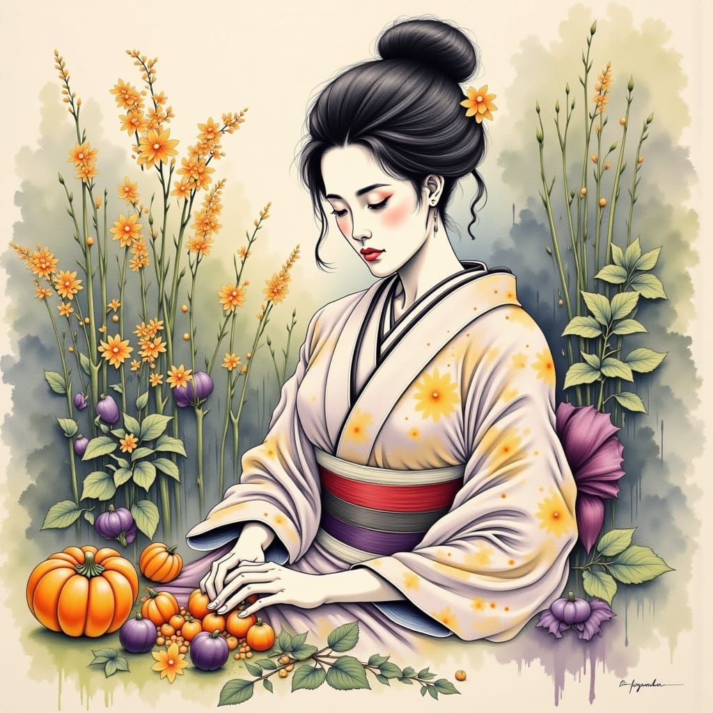 Japanese Woman Sketching Vegetables in Ukiyo-e Style