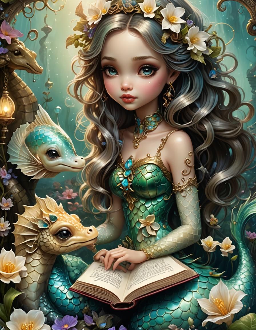 Enchanting Mermaid Reads to Seahorse in Magical Garden