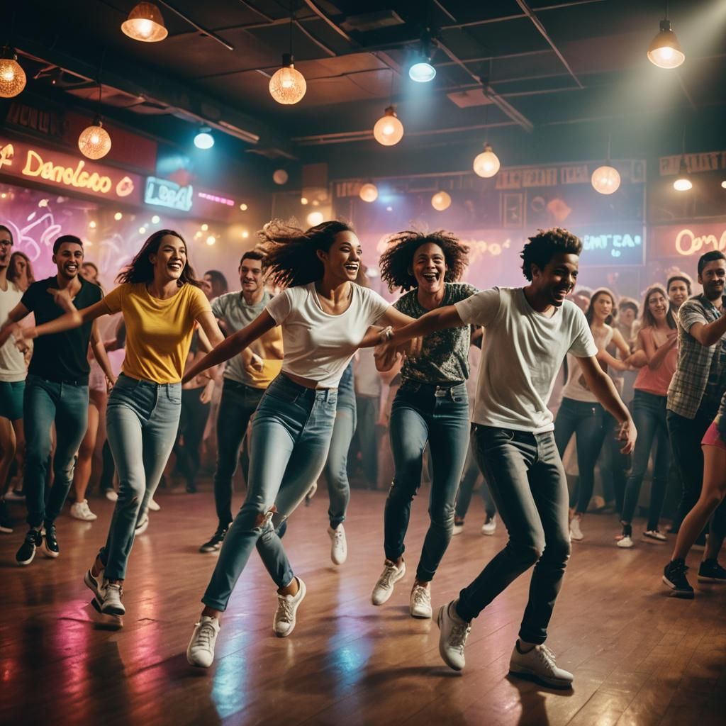 Friends Dancing in Disco Light, Cinematic Still