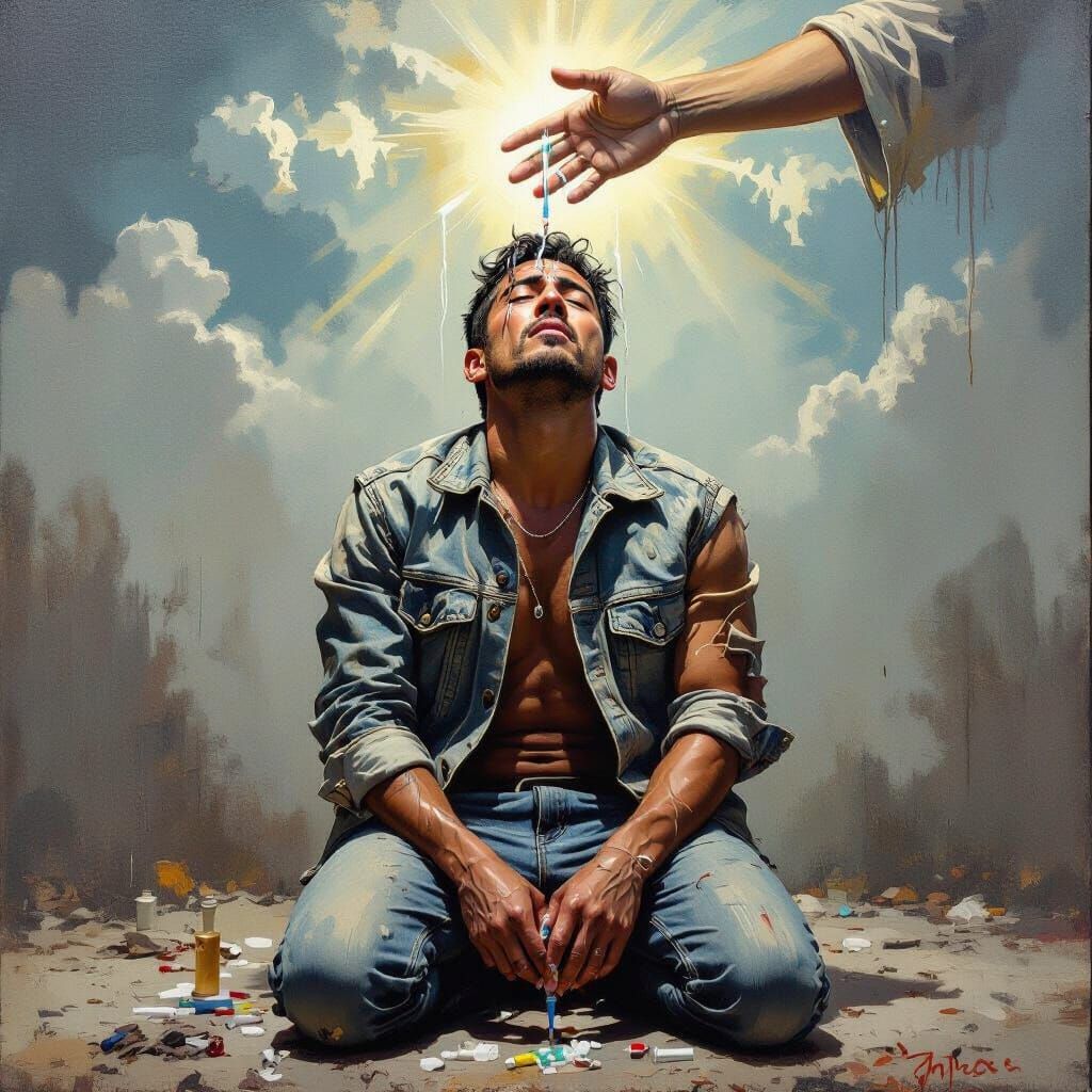 Distressed Man Reaching for Divine Connection