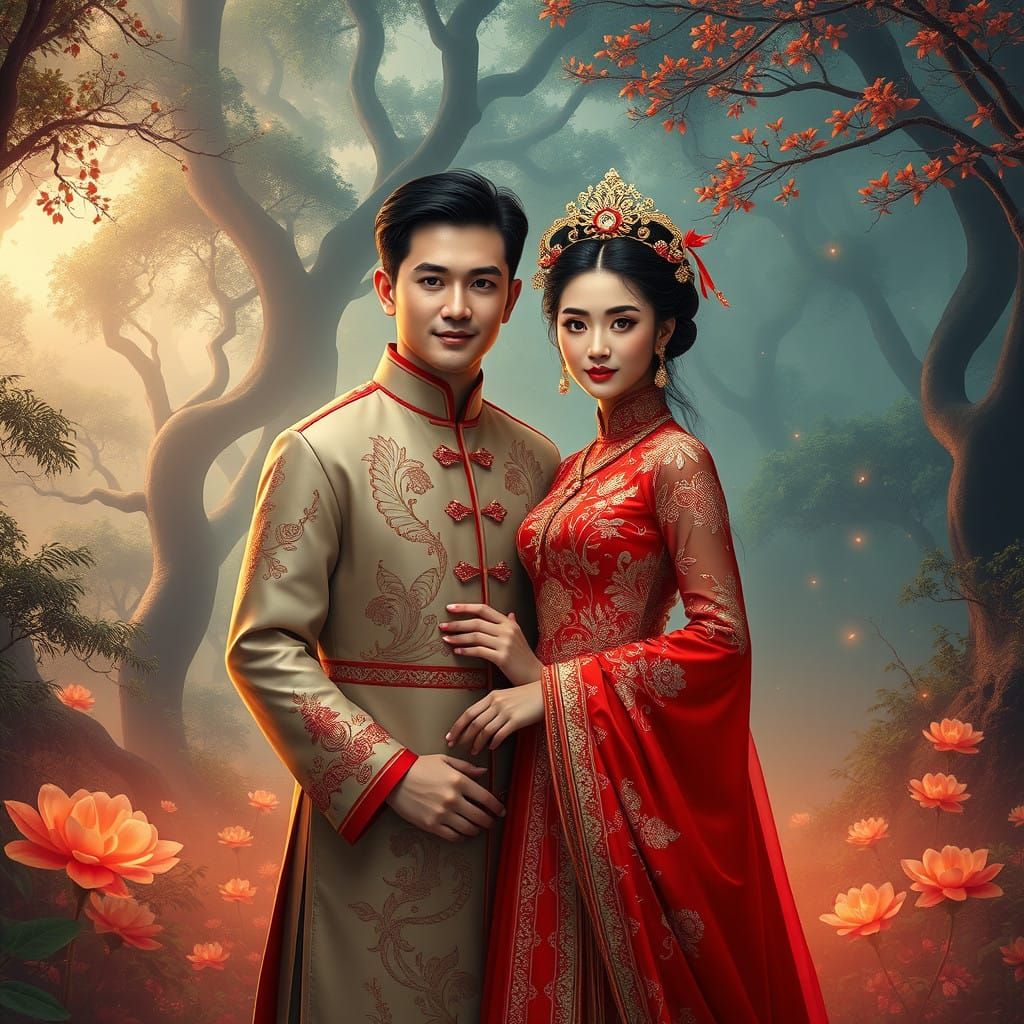 Vietnamese Couple in Traditional Attire Amidst Lush Forest