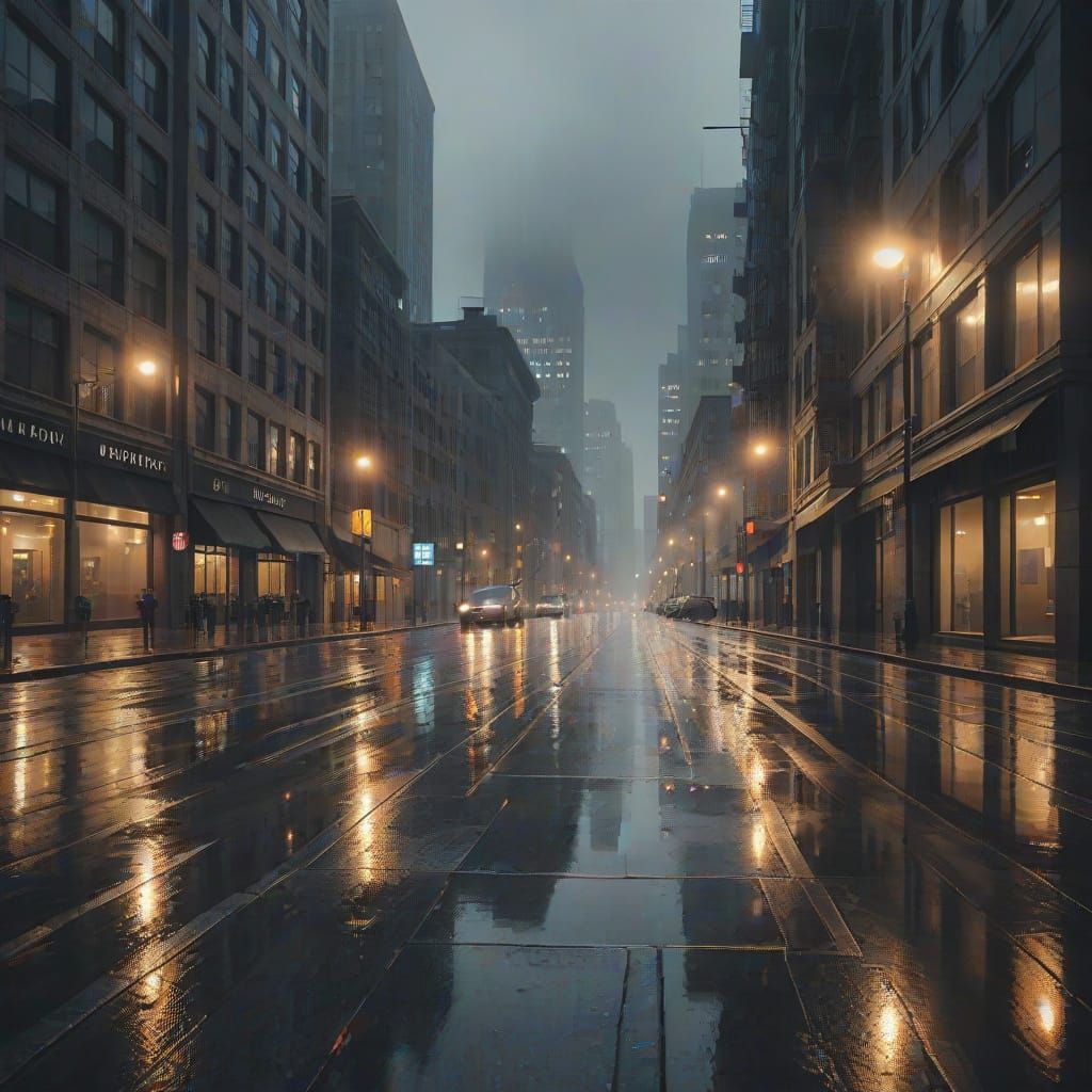 Rainy Cityscape with Foggy Lights in Golden Hour