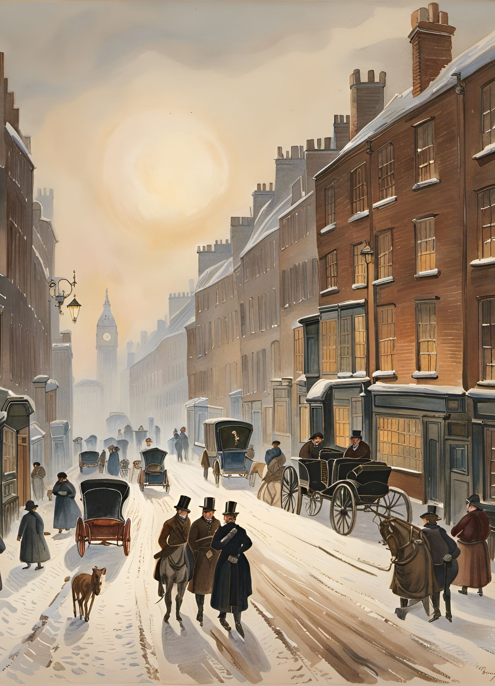 Snowy London Street Scene in Watercolour Style