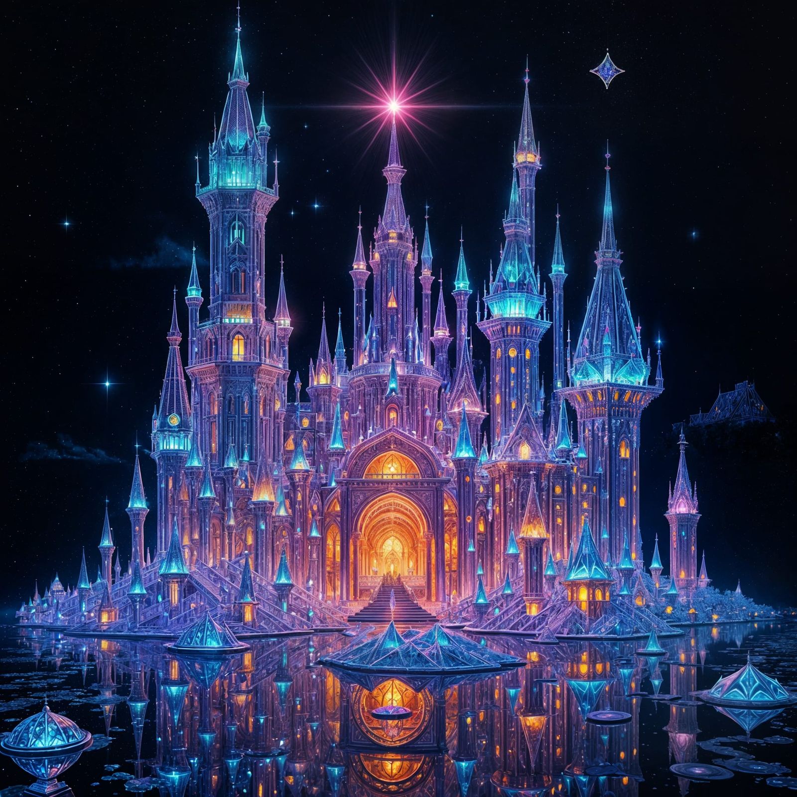 Glass Queen Palaces in Bioluminescent Landscape