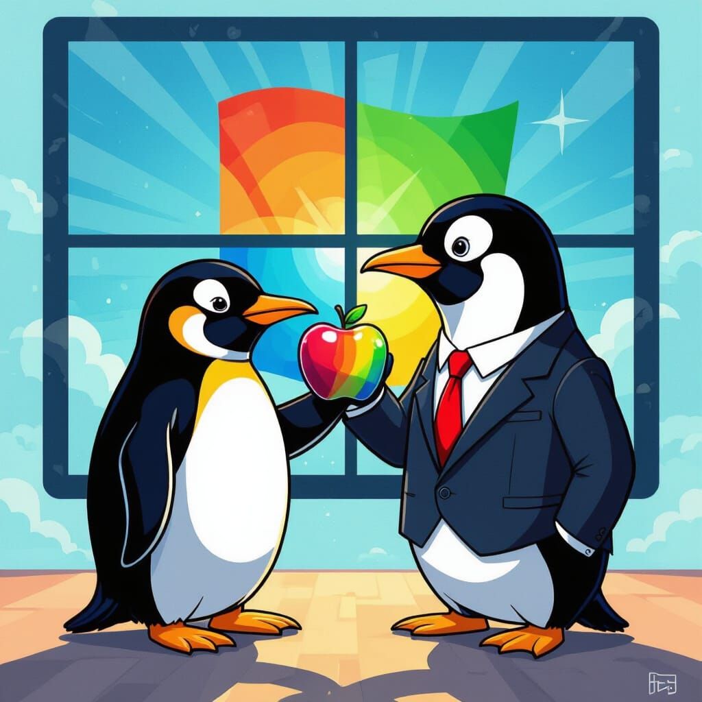 Penguin Bites Rainbow Apple in Whimsical Style