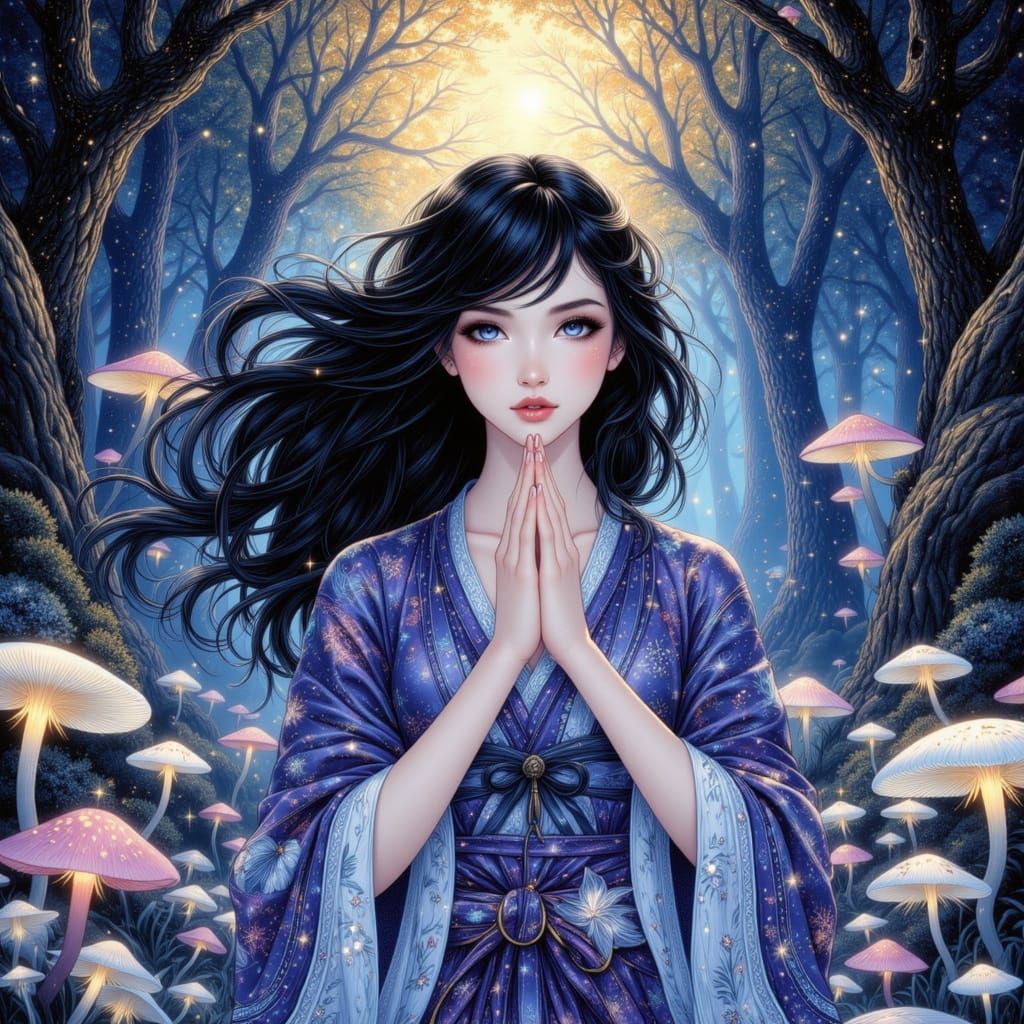 Celestial Woman Prays in Enchanted Magic Forest