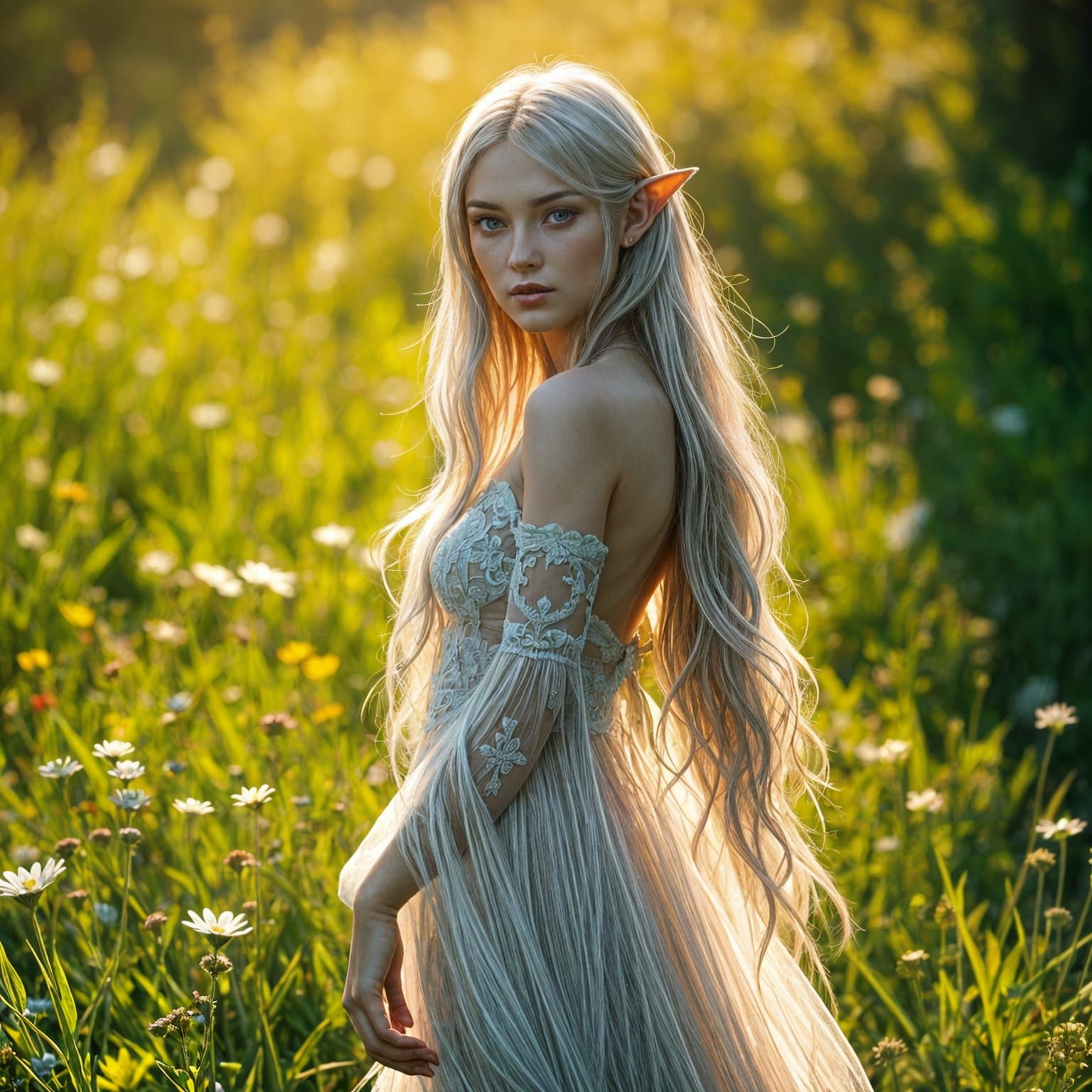 Ethereal Silver Elf Maiden in Serene Meadow