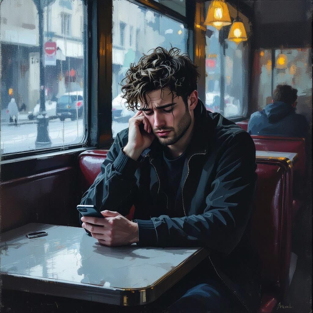 Man Crying on Bus Seat Missing Girlfriend, Oil Painting