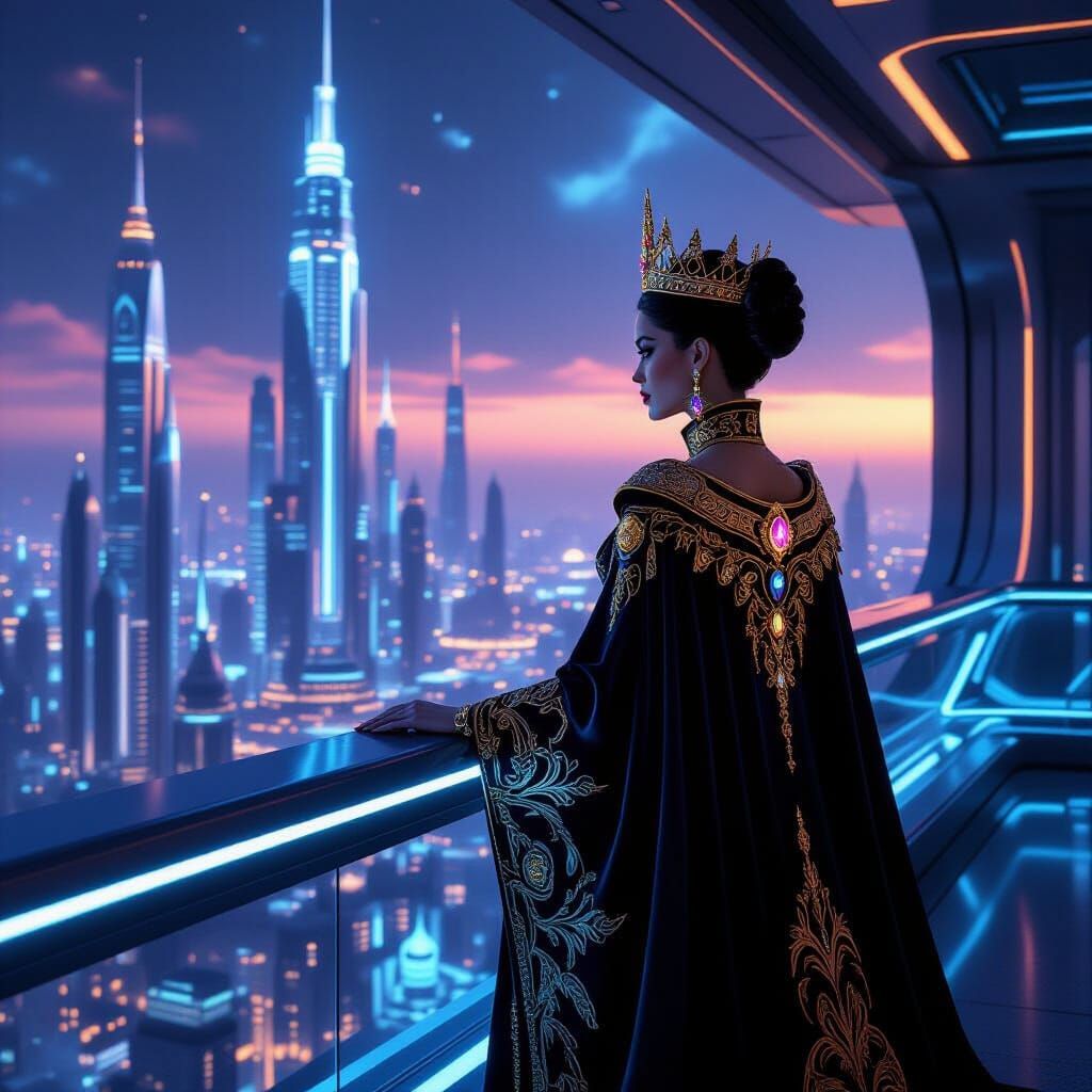 Futuristic Queen Surveys Her Neon Kingdom