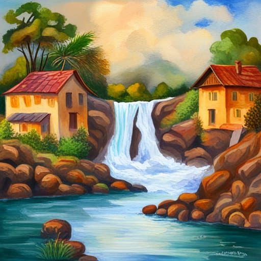 Gouache Style Home with Waterfall and Clouds