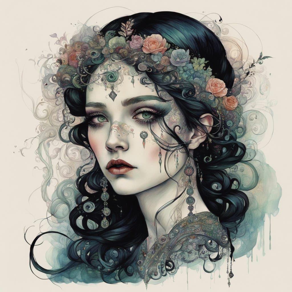 Ethereal Goth Punk Portrait in Art Nouveau Style