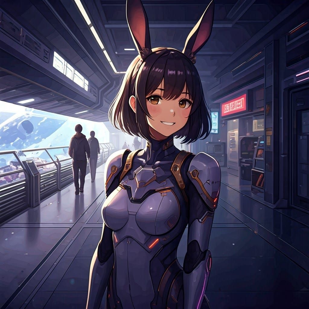 Anime Goddess in Futuristic Orbital Base Shopping Area
