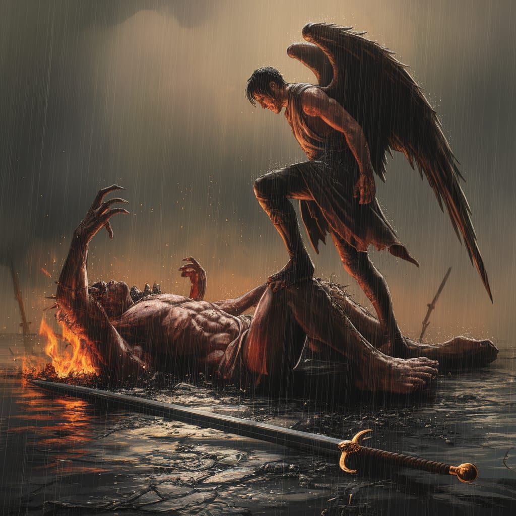 Fallen Demon on Stormy Battlefield, Angel Victorious