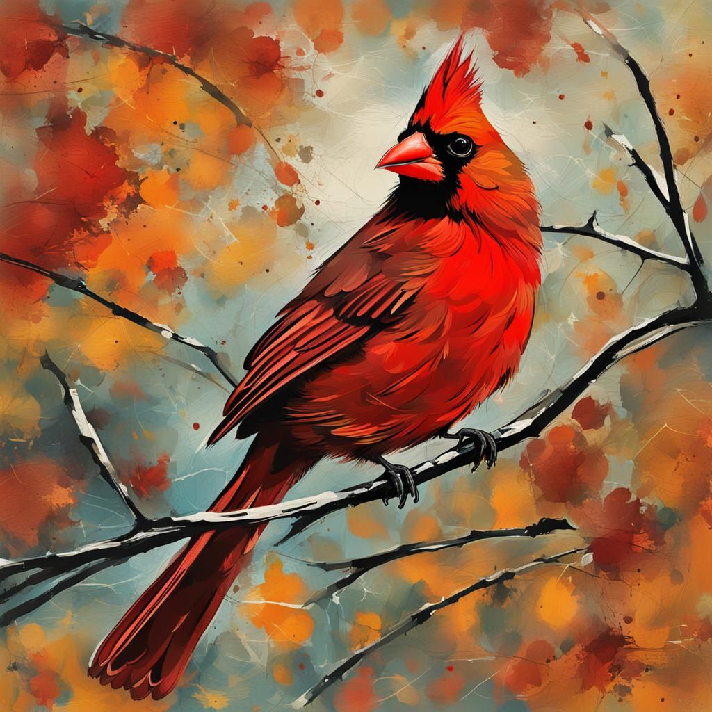 Cardinal in Autumn: Abstract Bird Art