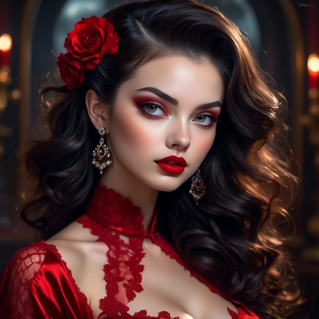 Spanish Woman in Red Lace: A Gothic Oil Painting