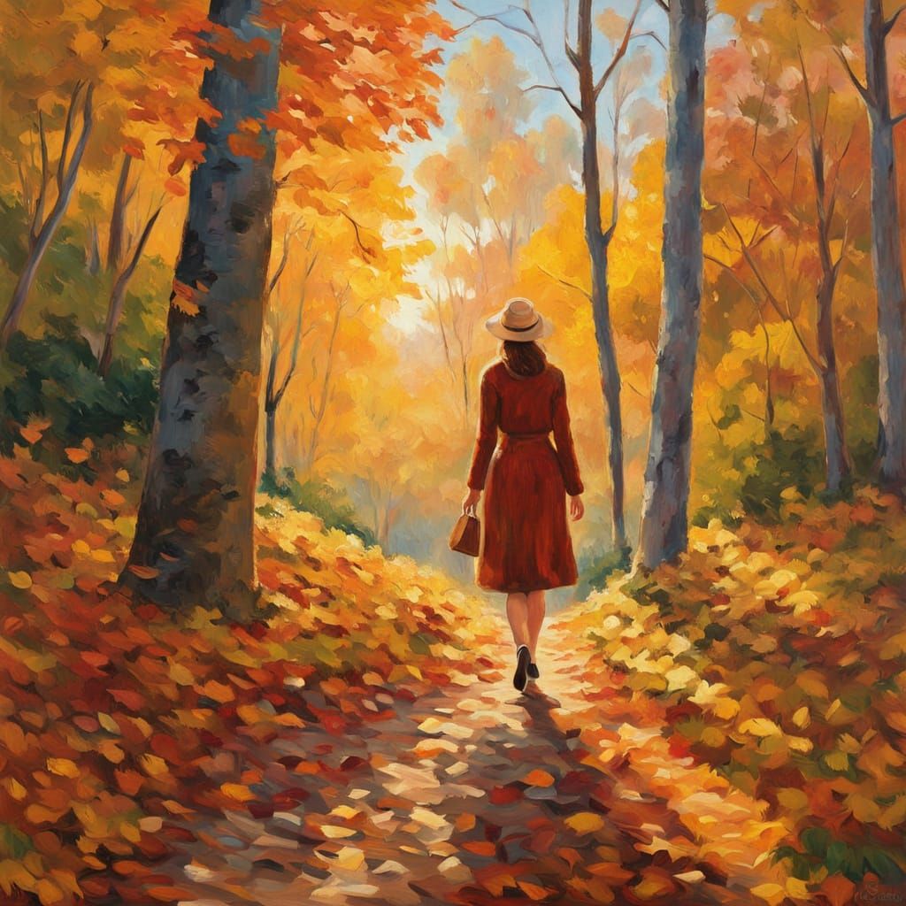 Woman Walking in Autumn Forest in Impressionist Style