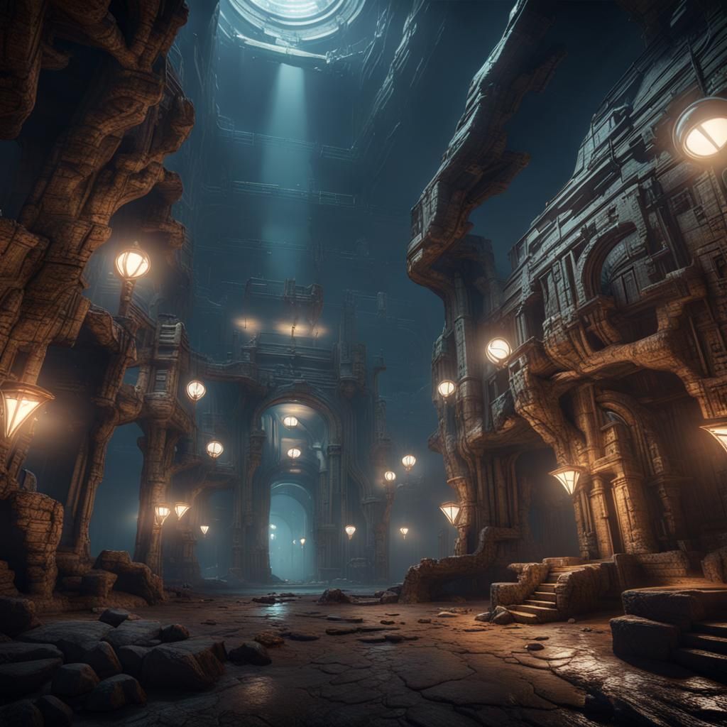 Illuminated Alien City in Underground 3D Render