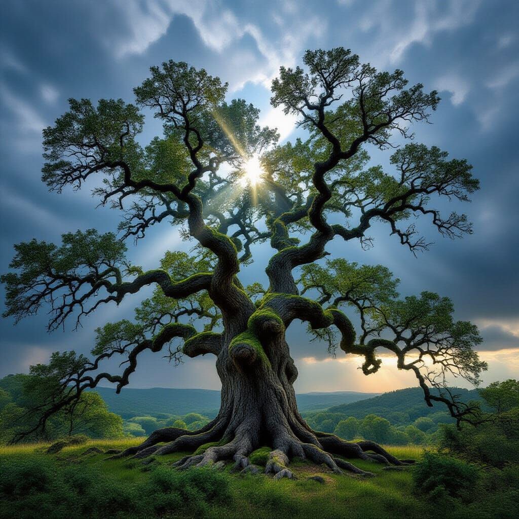 Ancient Oak Tree Under Stormy Sky