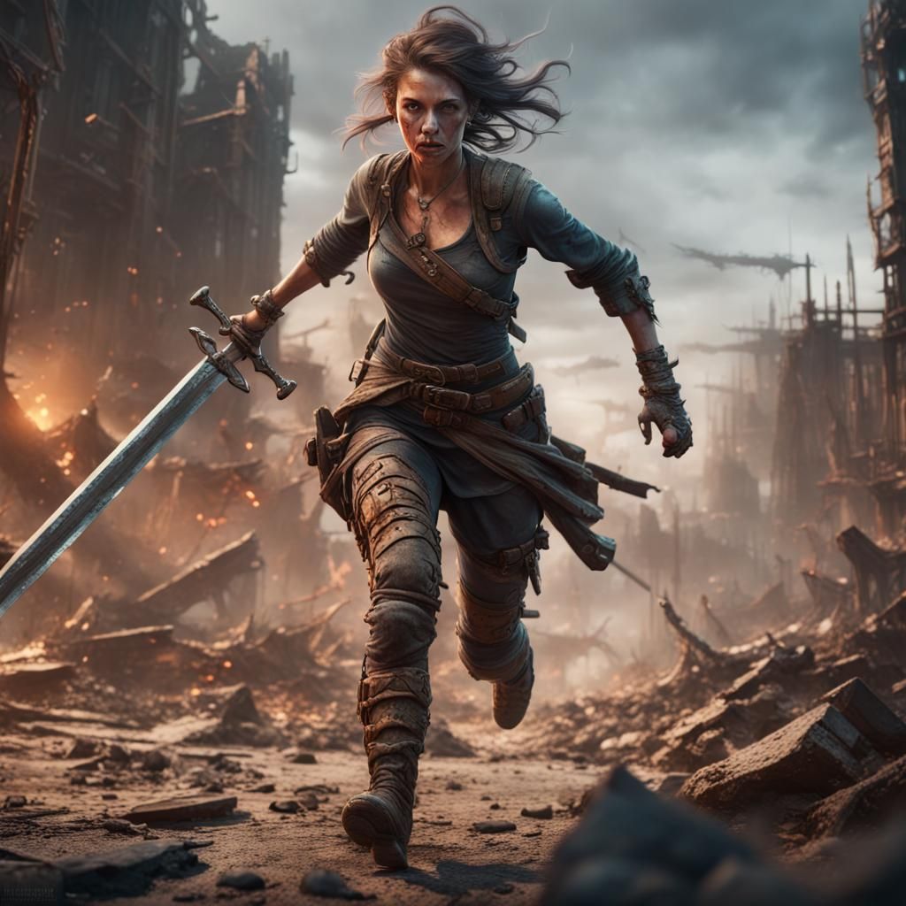 Post-Apocalyptic Woman Warrior in Detailed Matte Painting