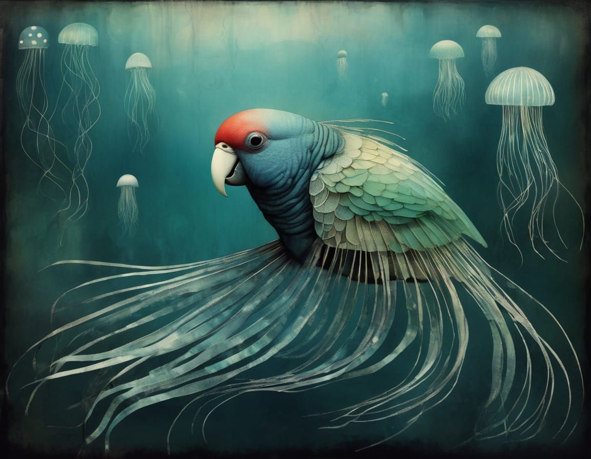 Jellyfish Parrot Hybrid Creature in Artistic Style