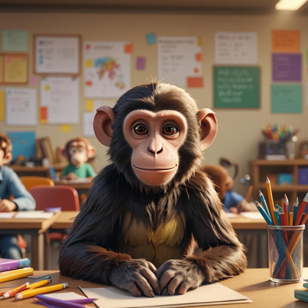 Monkey Student in Classroom: Vibrant 3D Animation