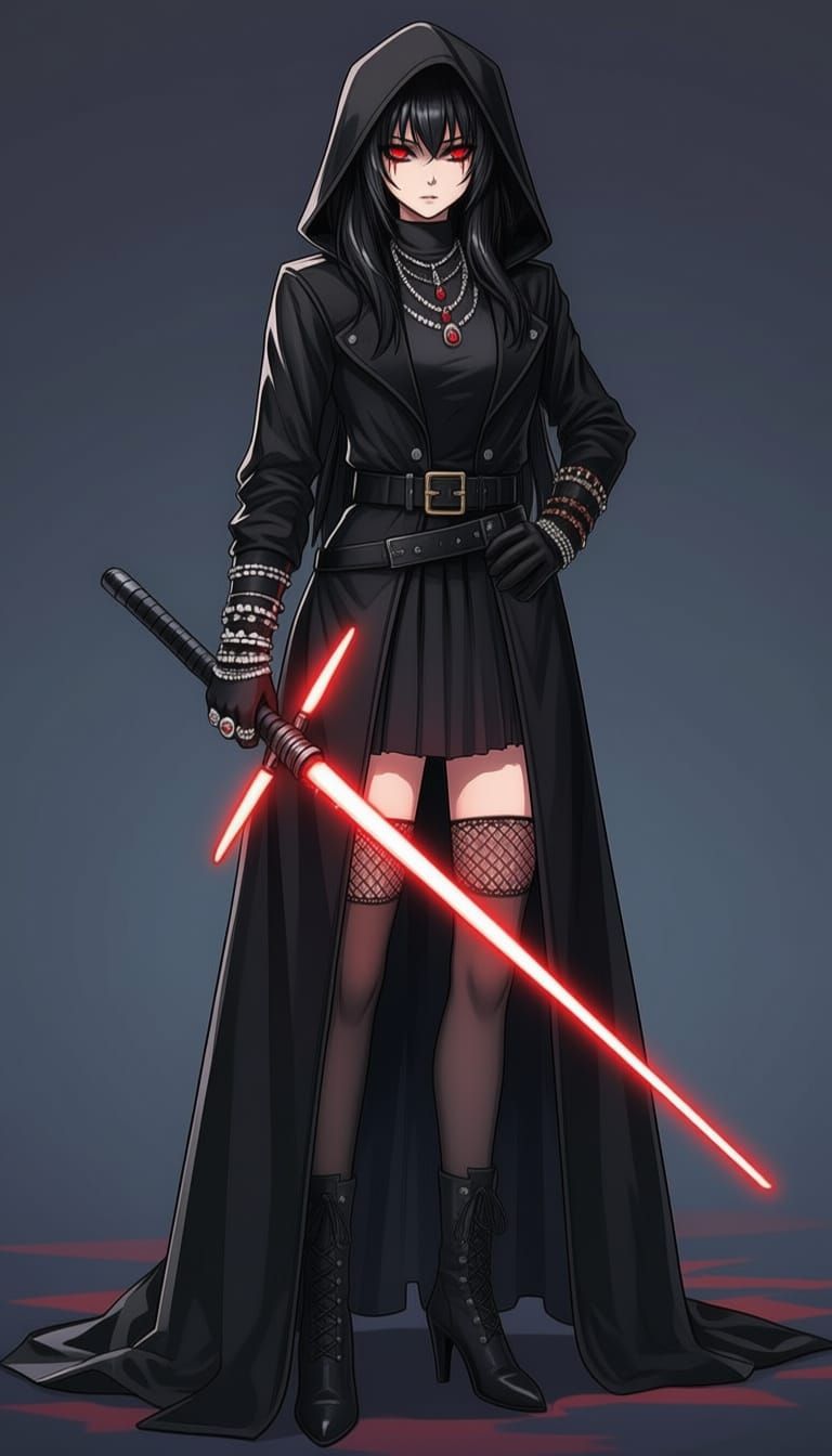 Anime Warrior with Red Lightsaber and Black Attire