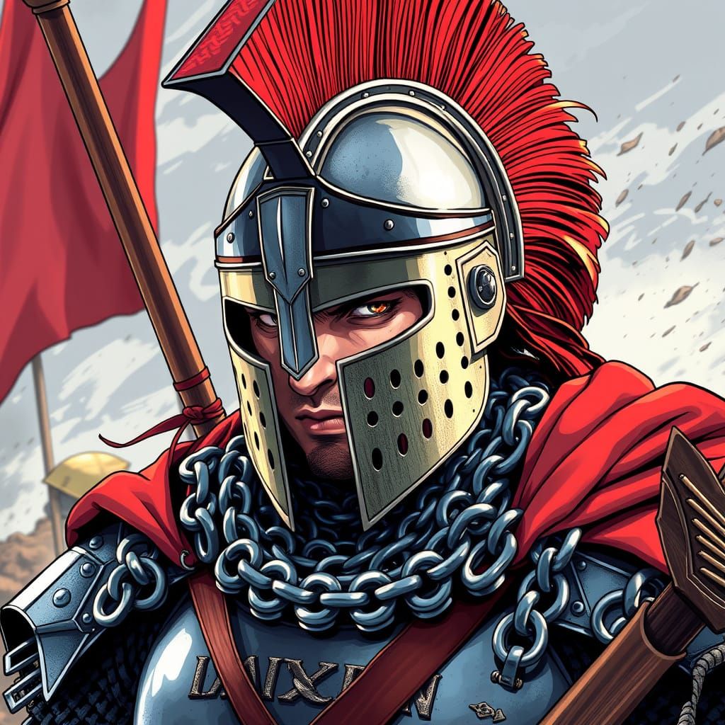 Vibrant Anime-Inspired Roman Cavalryman in Lorica Hamata Cha...
